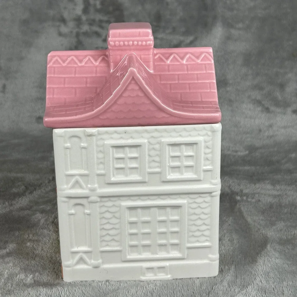 Vintage Ceramic Tea Room House Canister Pink White Victorian Cottagecore Jar